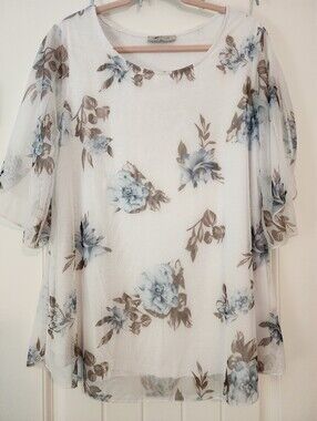 Sese Code Lightweight Floral Chiffon Top Ivory Blue Green Flutter Sleeve XL